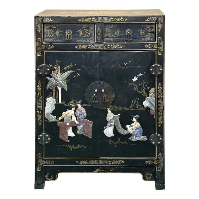 Vintage Chinoiseries Black & Stone Inlay Graphic End Table Nightstand For Sale