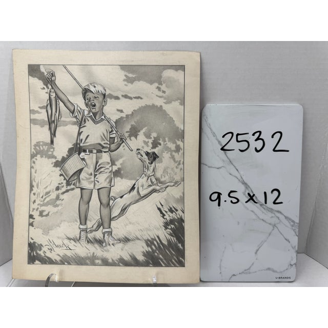 1940s Original Signed Graphite Illustration of Boy Fishing With Dog, 12 × 9.5 In. For Sale In Atlanta - Image 6 of 6