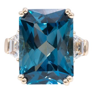 16.8Ct London Blue Topaz Ring With Lab Diamond Accents: Solid 14k Gold, 18x13mm, Size 6.75 For Sale