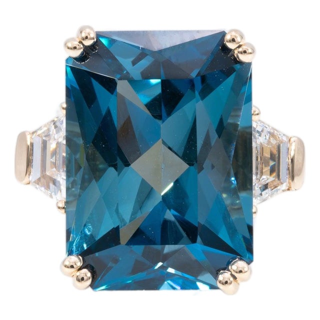 16.8Ct London Blue Topaz Ring With Lab Diamond Accents: Solid 14k Gold, 18x13mm, Size 6.75 For Sale