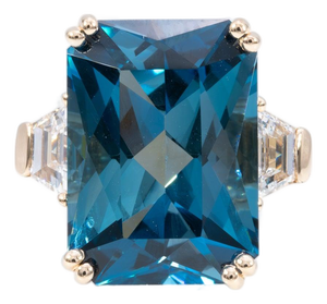 16.8Ct London Blue Topaz Ring With Lab Diamond Accents: Solid 14k Gold, 18x13mm, Size 6.75