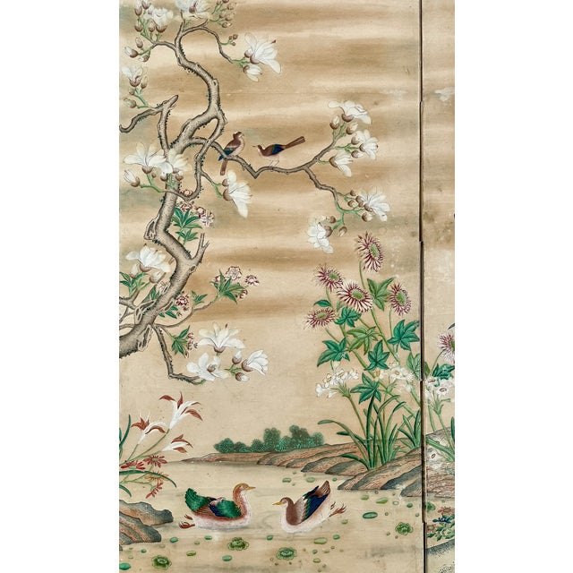 Chinese Export Six Panel Screen Circa 1920s, Hand-Painted Chinoiserie Garden With Birds For Sale In New York - Image 6 of 16