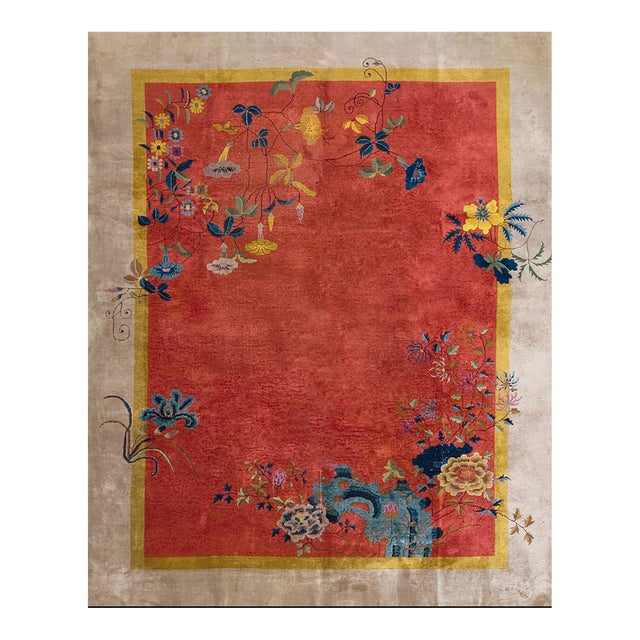 1920s Orange Floral Modern Antique Chinese Art Deco Rug 9'x 11'6" Handknotted Wool Carpet For Sale