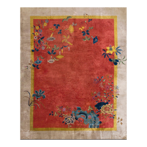 1920s Orange Floral Modern Antique Chinese Art Deco Rug 9'x 11'6" Handknotted Wool Carpet