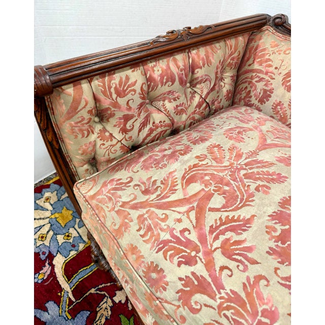 Antique Carved Mahogany Scroll Arm Sofa in Fortuny Upholstery For Sale - Image 11 of 11
