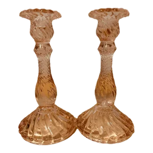 Mid 20th Century Art Deco Pink Pressed Glass Candlestick Holders - a Pair