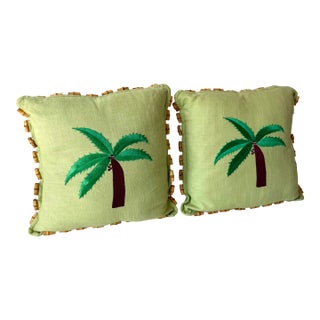 Palm Tree Grasscloth and Bamboo Fringe Throw Pillows – A Pair For Sale