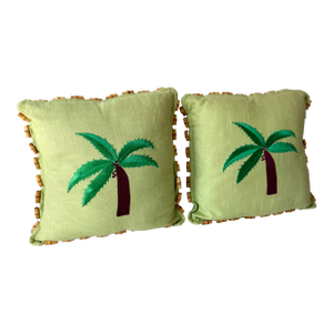 Palm Tree Grasscloth and Bamboo Fringe Throw Pillows – A Pair