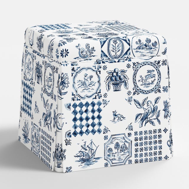 Not Yet Made - Made To Order Dyer Skirted Storage Ottoman in Delft Print For Sale - Image 5 of 5
