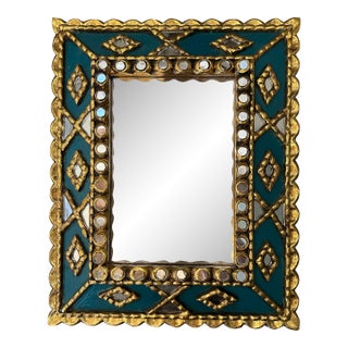 Spanish Folk Art Mirror With Mosaic Carved Gilt Wood Frame 30s 40s 15”x19” Rare For Sale