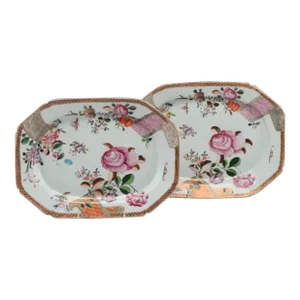 Antique 18th Century Chinese Export Porcelain Platters Decorated in Famille Rose Palette Circa 1775 - a Pair