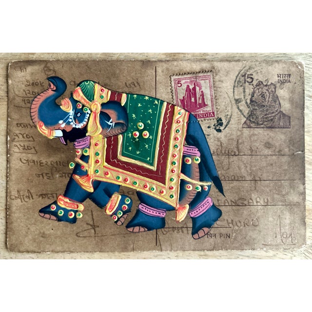 Mid 20th Century Vintage Indian Elephant Hand Painted Rajasthani Paper Postcard, Set of Four For Sale In Denver - Image 6 of 11