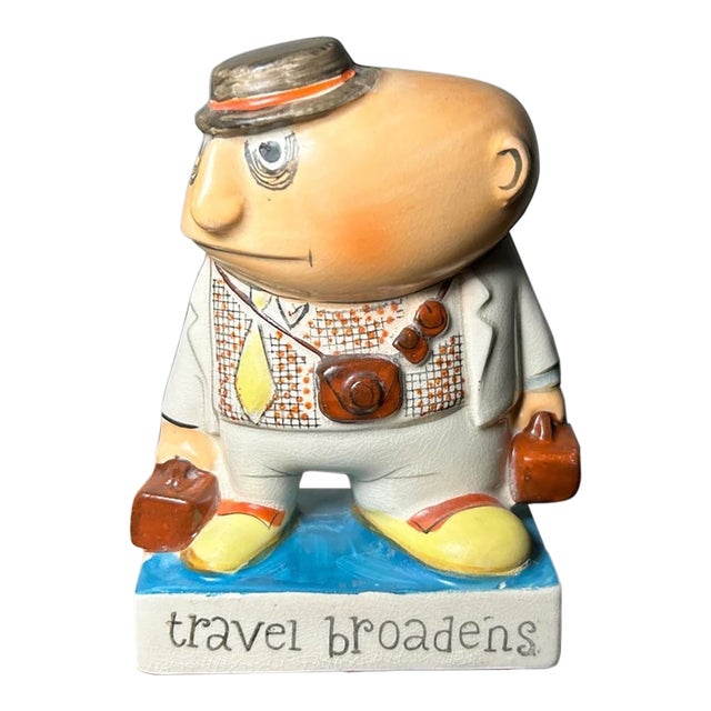 Vintage 1950’s Ucagco Travel Broadens Man With Luggage Ceramic Novelty Figurine Made in Japan For Sale