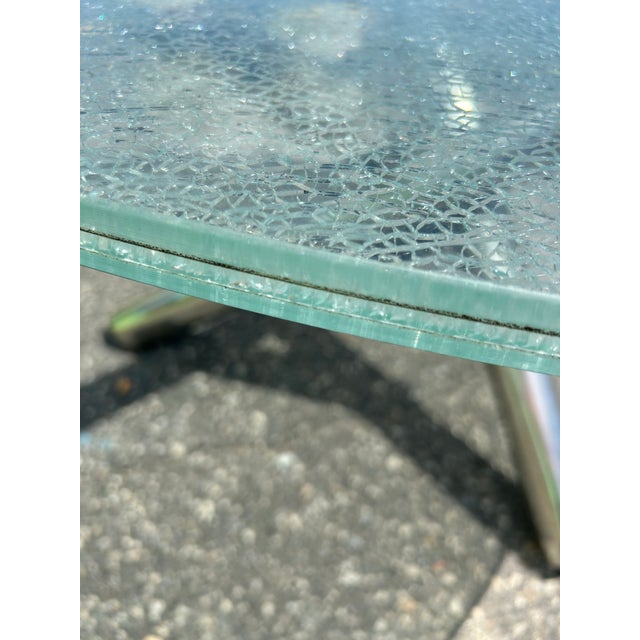Metal Late 20th Century Mid Century Modern Tripod “Jax” Dining Table 60” Crackle Glass Top For Sale - Image 7 of 8