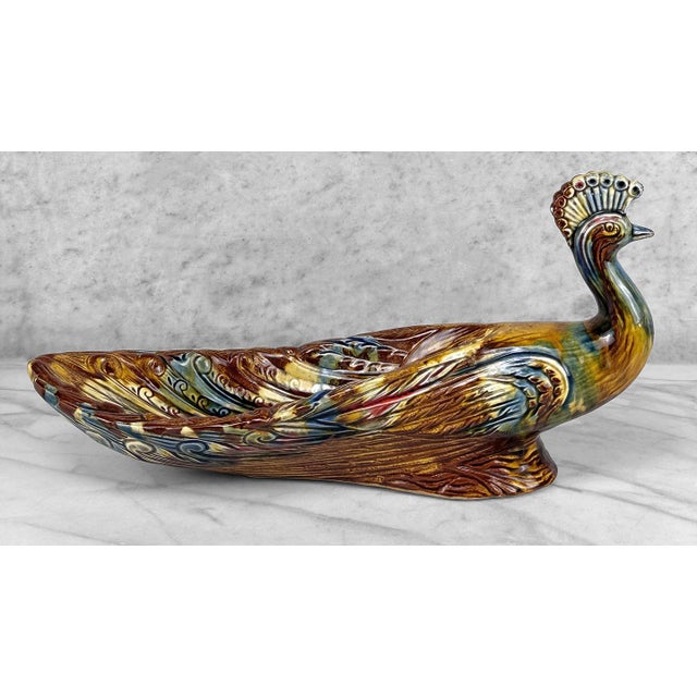 1960s Mid-Century 15" Ceramic Peacock Candy Dish W/ Multi-Color Glaze For Sale - Image 5 of 12