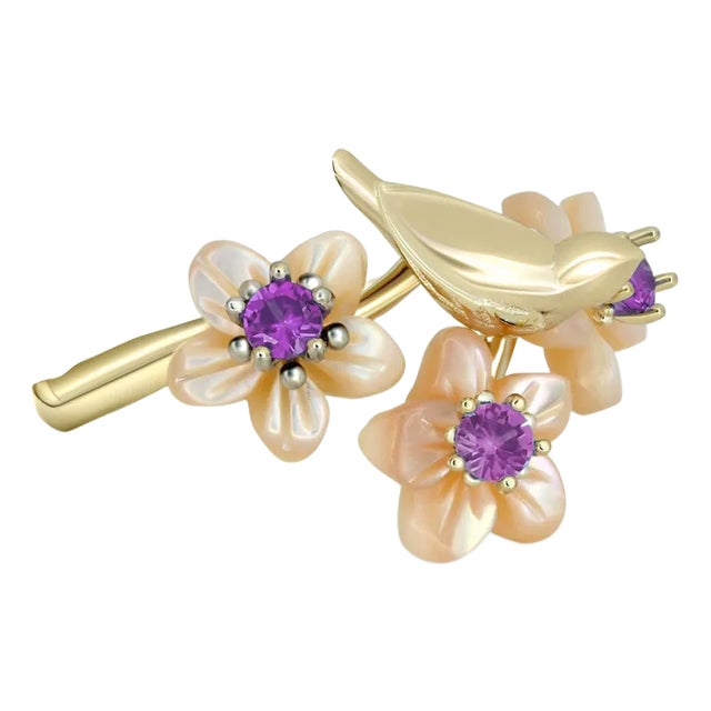 Bird on Branch 14k Gold Ring With Amethysts - 5 Us Size For Sale