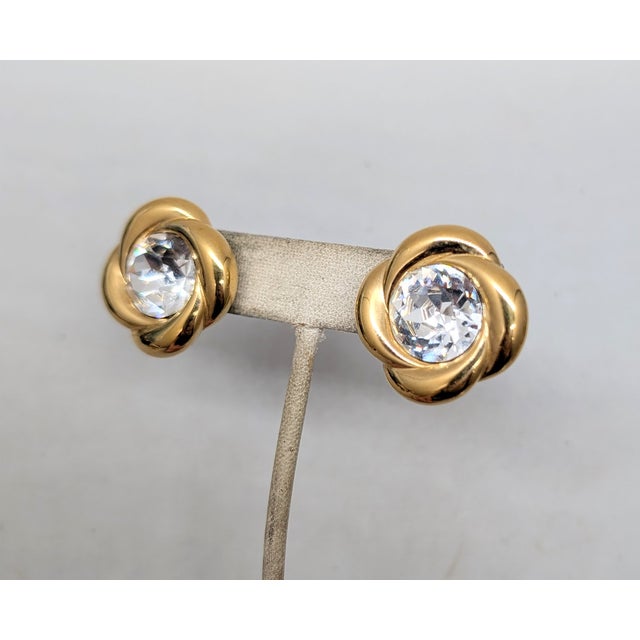 American Vintage C 1989 Signed Napier Goldtone Round Clear Rhinestone Pierced Earrings-2 Pieces For Sale - Image 3 of 8