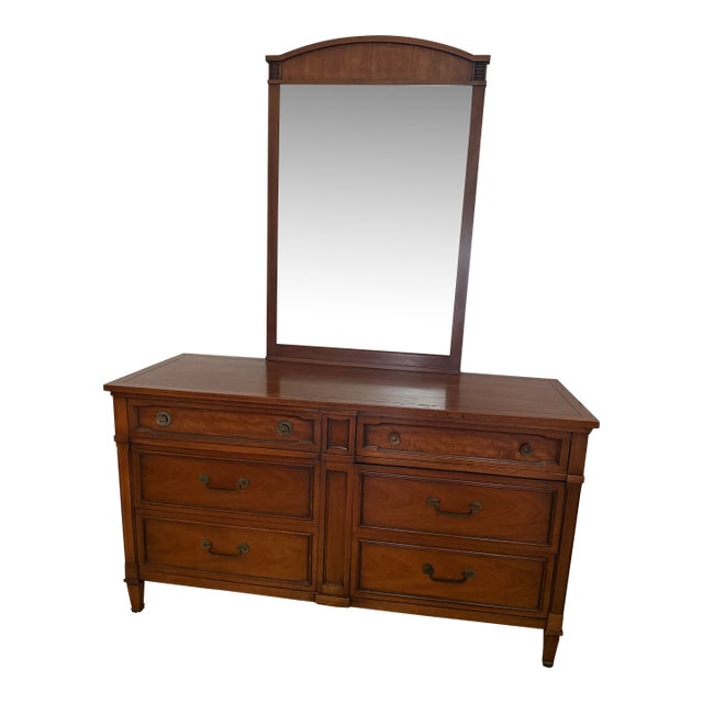 Drexel Mid Century Modern Maoghany Lowboy Dresser With Matching Mirror and Hidden Compartment For Sale