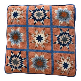 Vintage Quilt Pattern Needle Point Pillow in Salmon and Blue For Sale