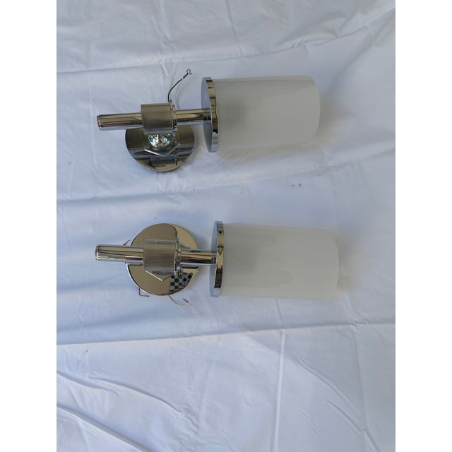 Modern Two Henry Wall Mounted Single Arm Sconces With Etched Glass Shade For Sale - Image 3 of 6