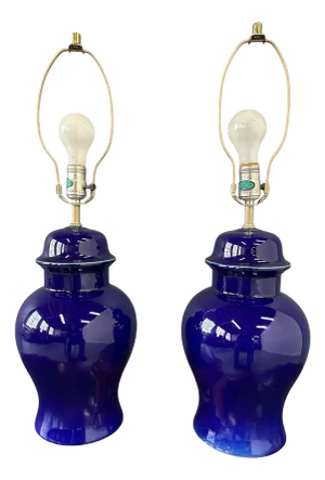 1970s Pair of Ginger Jar Shaped Ceramic Lamps in Cobalt Blue by Cn Burman