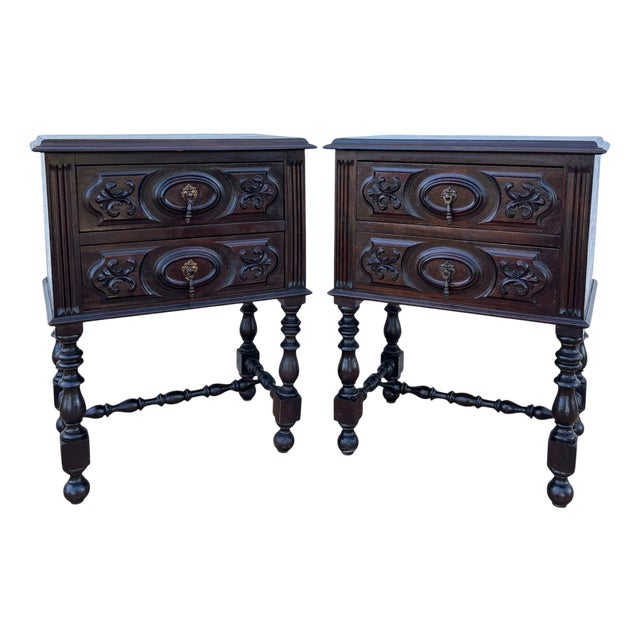 Spanish Carved Bedside Tables, 1940s, Set of 2 For Sale