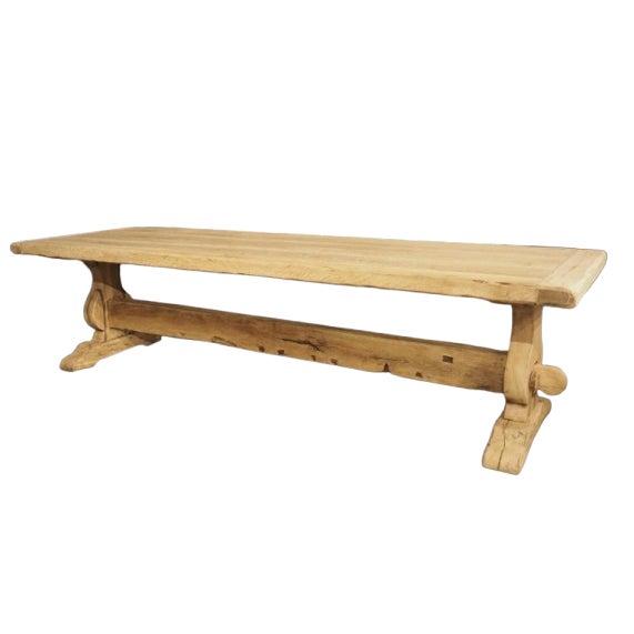 Antique French Bleached Oak Beam Stretcher Dining Table, Late 19th Century For Sale