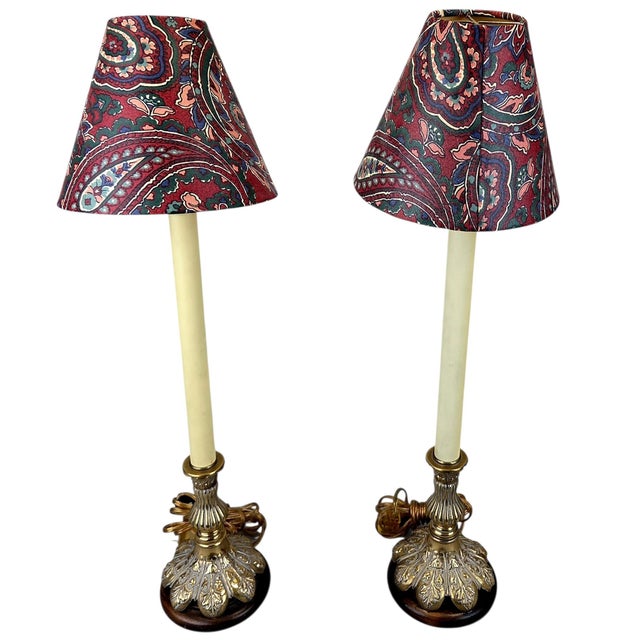 1990s Frederick Cooper Brass Candlestick Buffet Lamps With Paisley Shades - A Pair For Sale In Chicago - Image 6 of 8