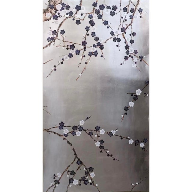 Chinoiserie Silver Leaf Chinoiserie Hand-Painted Plum Blossom Wall Panels (Set of 4) For Sale - Image 3 of 3