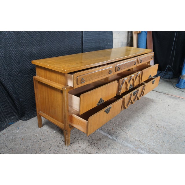 Mid Century Chinoiserie Walnut Burl Triple Dresser & Mirror Credenza Buffet MCM For Sale - Image 6 of 13