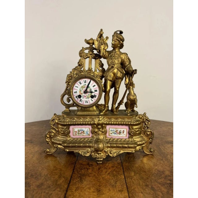 Antique French Victorian Gilt Metal and Porcelain Mantle Clock, 1860 For Sale - Image 4 of 6