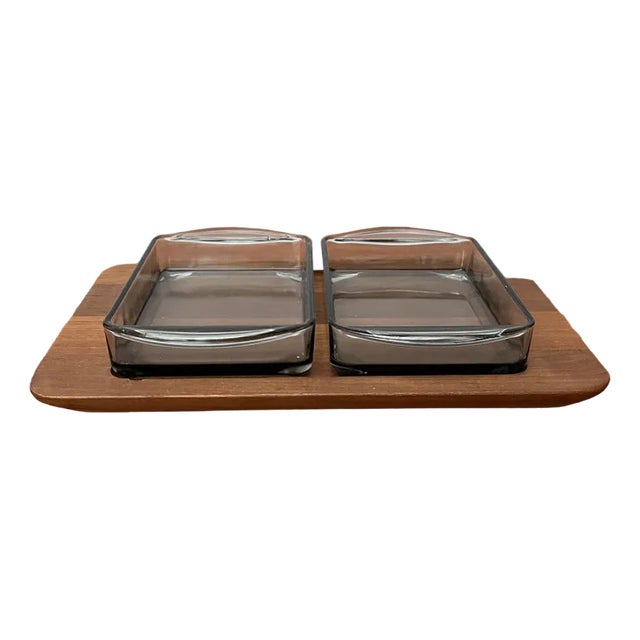 Mid-Century Danish Cabaret Glass Bowls from Holmegaard with Teak Tray from Illums Bolighus, 1960s, Set of 3 For Sale