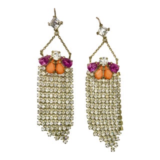 Early 20th Century Antique Art Deco Rhinestone Fringe & Crystal Fully Pronged Dangle Earrings - 2 Pieces For Sale