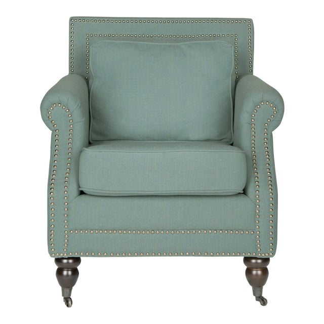 Club Chair & Silver nailheads in Seaside Blue & Espresso For Sale