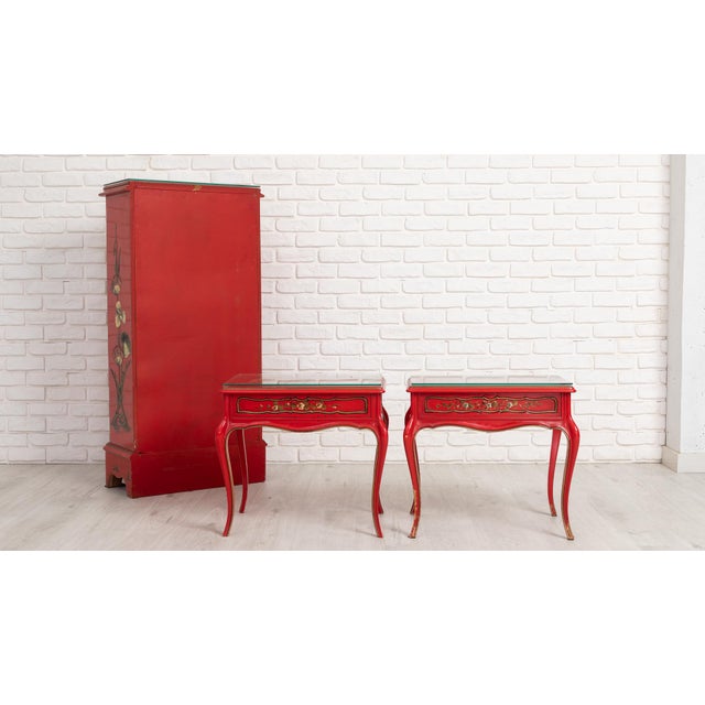 Glass Mid-Century Red Lacquer Chinoiserie Secretary Chest and Side Tables, 1960s, Set of 3 For Sale - Image 7 of 8
