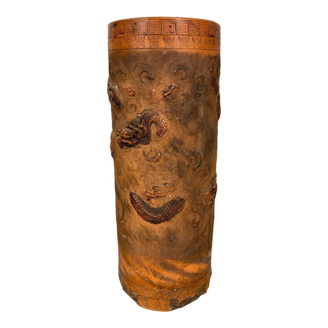 Antique Chinese Terracotta Red Dragon Umbrella Stand For Sale