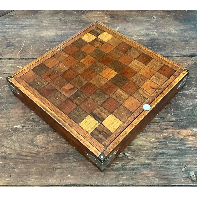 Vintage Wooden Chessboard With Metal Accents For Sale - Image 13 of 18