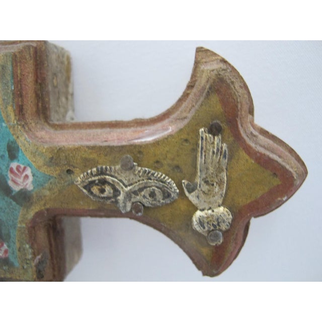 Mexican Turquoise Wood Folk Art Milagros Lady of Guadalupe Metal Charms Cross For Sale - Image 4 of 9