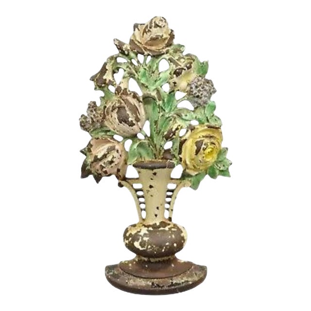 Antique Victorian Hubley Tall Cast Iron Figural Floral Painted Bouquet Door Stop For Sale