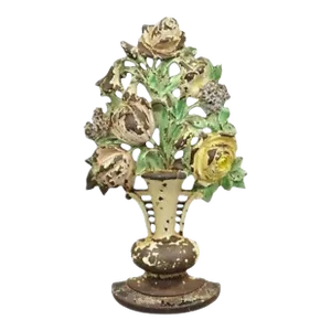 Antique Victorian Hubley Tall Cast Iron Figural Floral Painted Bouquet Door Stop