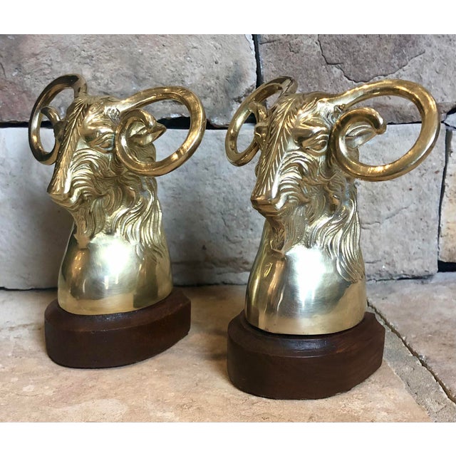 Ram Book Ends Brass Wood Base Goat Bookends Vintage a Pair Chairish