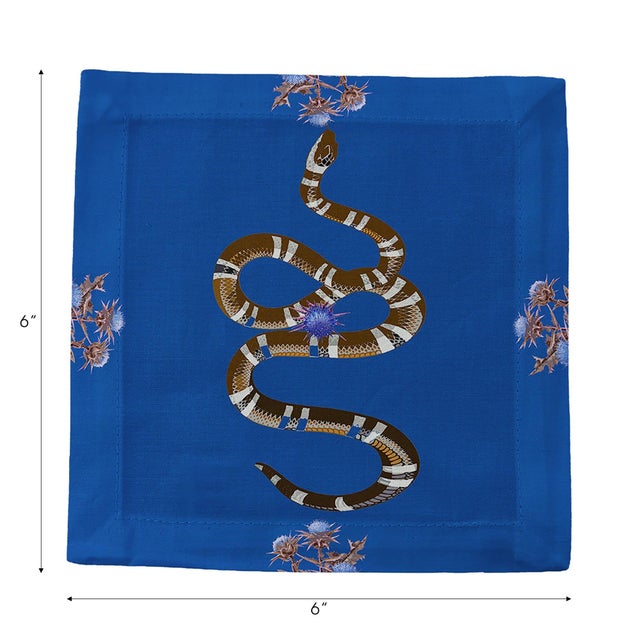 Thistle And Snake Cotton Sateen Cocktail Napkins in Blue, Set of 4 For Sale - Image 4 of 6