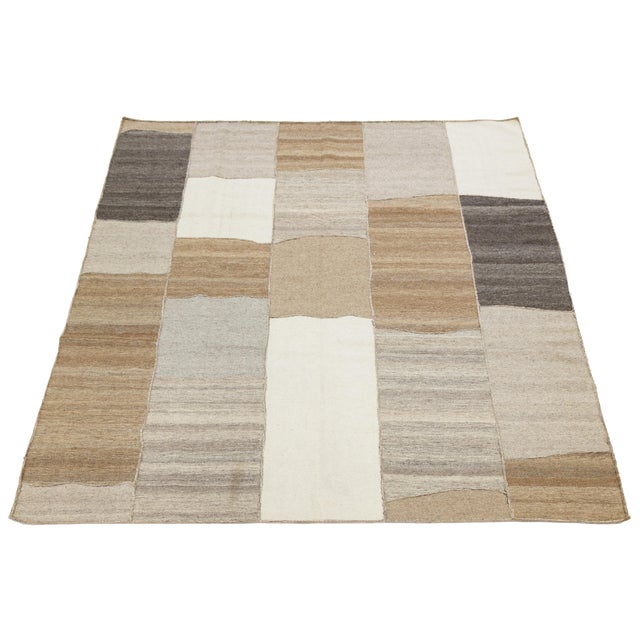 Textile Contemporary Minimalist Neutral Patchwork Wool Kilim Rug Wabi-Sabi Handmade For Sale - Image 7 of 12