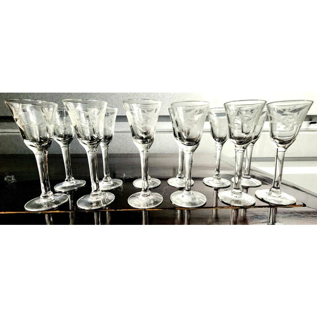 Vintage Etched Fine Cordial Glasses - Set of 12 For Sale In Los Angeles - Image 6 of 13