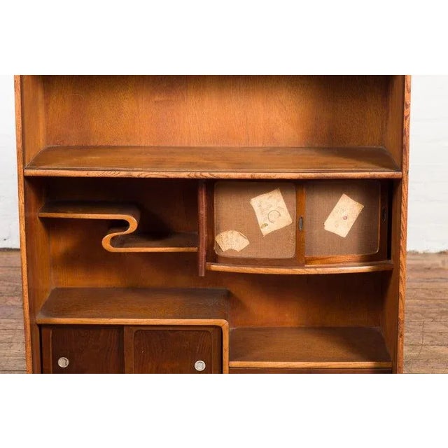 Textile Early 20th Century Japanese Taishō Period Open Bookshelf Sliding Doors, Curvy Shelf & Drawer For Sale - Image 7 of 13