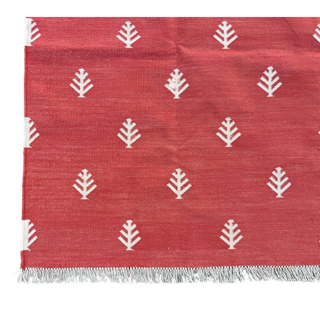 Handwoven Cotton Area Rug, Terracotta and White Tree Patterned Dhurrie - 6'x9' For Sale - Image 11 of 12