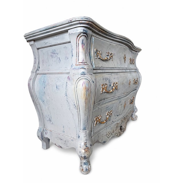 Rococo 1990s Hand-Painted Bombe Chest of Drawers — Baroque Rococo | Dovetail Drawers | Distressed Blue, Gray & Gold | Maison Martine For Sale - Image 3 of 8