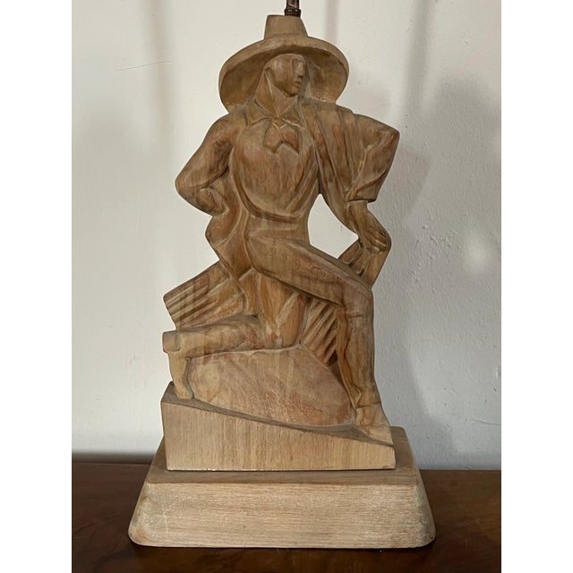 1930s 1930's Heifetz Art Deco Hollywood Regency Carved Wood Figural Table Lamp For Sale - Image 5 of 11