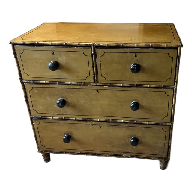 Antique 19th Century Regency Carved and Painted Faux Bamboo Chest of Drawers, England Circa 1830 For Sale