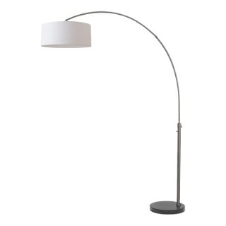 1960s Nova of California Mid Century Float Floor Lamp - Modern Arc Lamp, Black Nickel, White Linen Shade, Black Marble Base For Sale